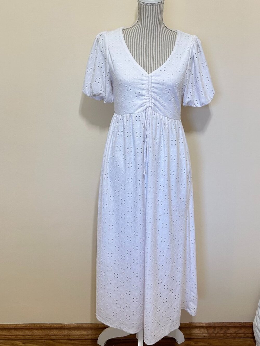 Ardene Plunging Neckline Drawstring Bodice Maxi Dress White Size L